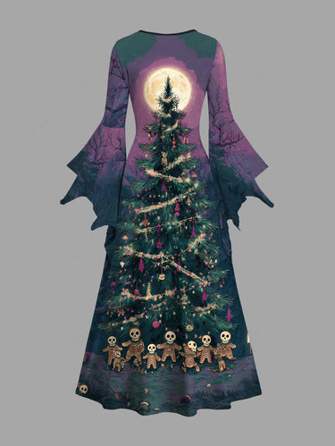 Gothic Christmas Tree Skull Gingerbread Moon Print Ombre A Line Dress