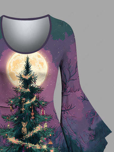 Gothic Christmas Tree Skull Gingerbread Moon Print Ombre A Line Dress