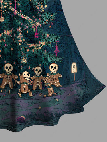 Gothic Christmas Tree Skull Gingerbread Moon Print Ombre A Line Dress