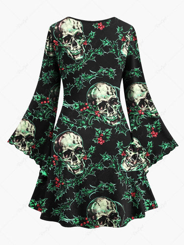 Gothic Plus Size Christmas Holly Leaf Skull Print A Line Dress