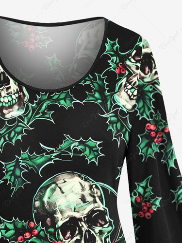 Gothic Plus Size Christmas Holly Leaf Skull Print A Line Dress