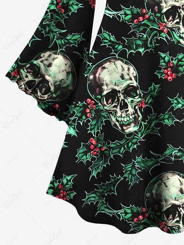 Gothic Plus Size Christmas Holly Leaf Skull Print A Line Dress