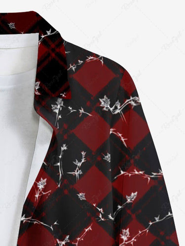 Gothic Plus Size Christmas Plaid Branch Print Button Long Sleeves Shirt For Men