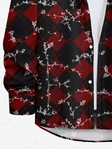 Gothic Plus Size Christmas Plaid Branch Print Button Long Sleeves Shirt For Men
