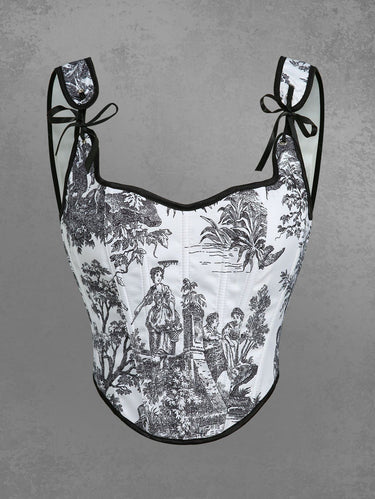 Gothic Ink Wash Rural Style Printed Lace Up Asymmetric Corset