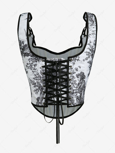 Gothic Ink Wash Rural Style Printed Lace Up Asymmetric Corset