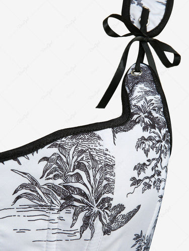 Gothic Ink Wash Rural Style Printed Lace Up Asymmetric Corset