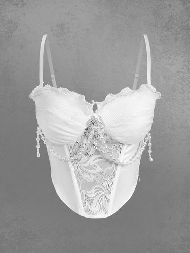 Gothic Pearl Chain Flower Lace Patchwork Asymmetric Top