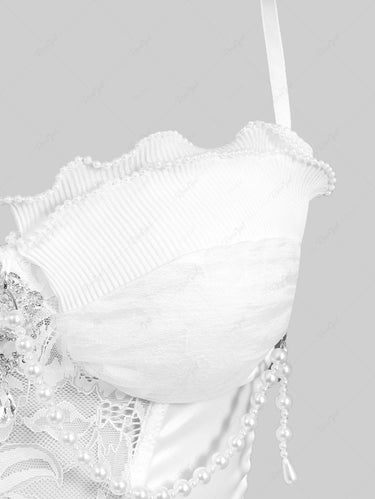 Gothic Pearl Chain Flower Lace Patchwork Asymmetric Top