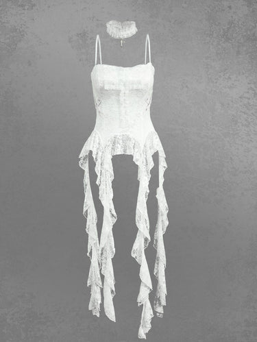 Gothic Flower Lace Cross Lace-up Asymmetric Top with Choker