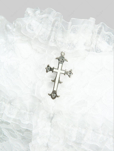 Gothic Flower Lace Cross Lace-up Asymmetric Top with Choker