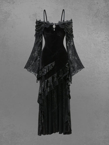 Gothic Flower Lace Flare Sleeves Cold Shoulder Velvet Asymmetric Sexy Dress