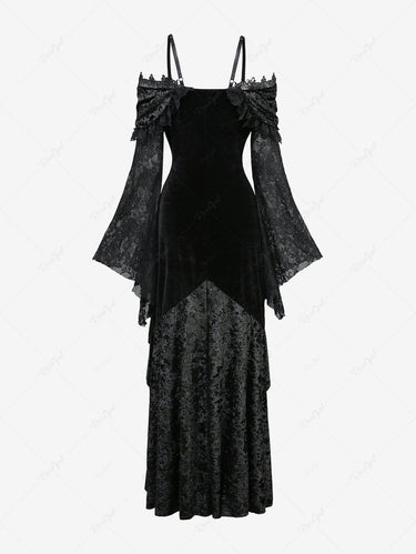 Gothic Flower Lace Flare Sleeves Cold Shoulder Velvet Asymmetric Sexy Dress