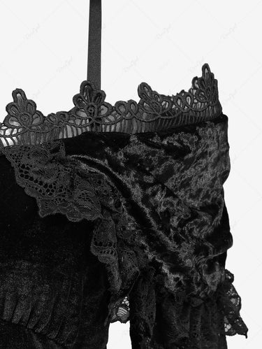 Gothic Flower Lace Flare Sleeves Cold Shoulder Velvet Asymmetric Sexy Dress