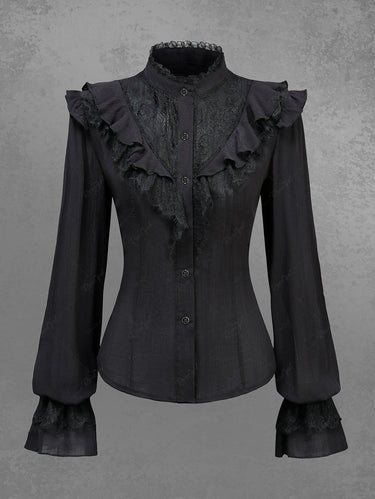 Gothic Lace Panel Ruffles Full Buttons Tied Back Long Sleeves Blouse