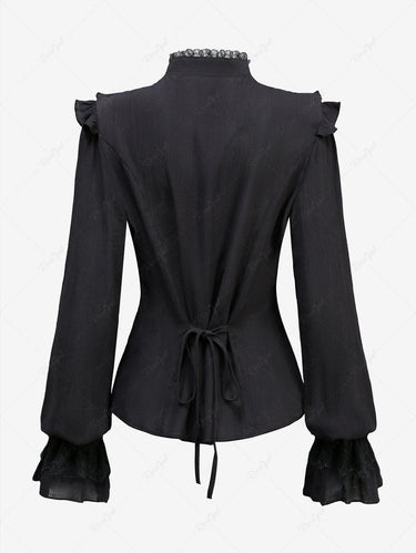 Gothic Lace Panel Ruffles Full Buttons Tied Back Long Sleeves Blouse