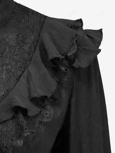 Gothic Lace Panel Ruffles Full Buttons Tied Back Long Sleeves Blouse