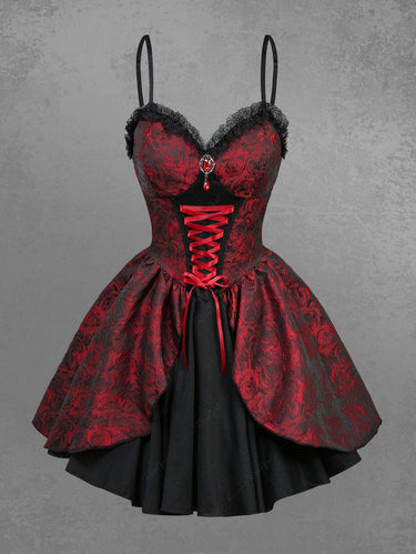 Gothic Rose Flower Jacquard Lace Trim Lace-up Cami Dress Red / S Gothic Rose Flower Jacquard Lace Trim Lace-up Cami Dress Red / S