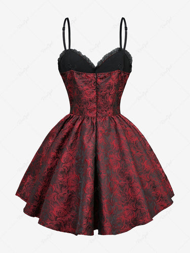 Gothic Rose Flower Jacquard Lace Trim Lace-Up Cami Dress Red / S Gothic Rose Flower Jacquard Lace Trim Lace-Up Cami Dress Red / S