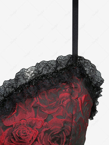 Gothic Rose Flower Jacquard Lace Trim Lace-up Cami Dress
