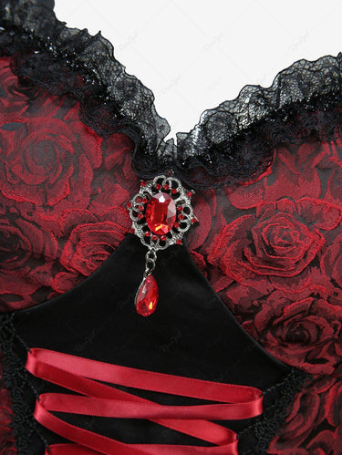 Gothic Rose Flower Jacquard Lace Trim Lace-up Cami Dress