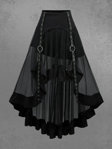 Gothic Grommets Stripe Sheer Mesh Ruffles High Low Skirt