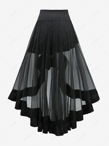 Gothic Grommets Stripe Sheer Mesh Ruffles High Low Skirt