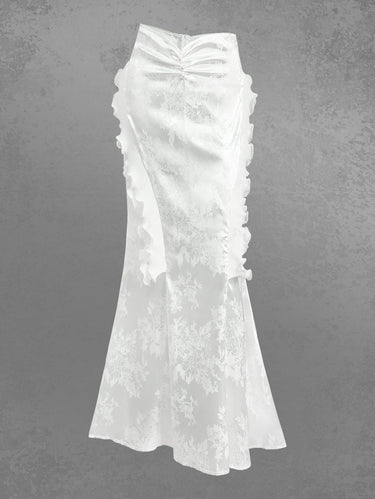 Gothic Flowers Jacquard Ruffles Trim Ruched Pearl Mermaid Skirt