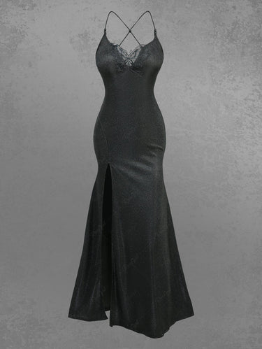 Butterfly Appliques Panel Crisscross Strap Split Cami Dress