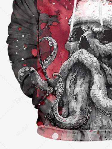 Gothic Plus Size Christmas Hat Skull Octopus Print Pocket Drawstring Pullover Long Sleeves Hoodie For Men