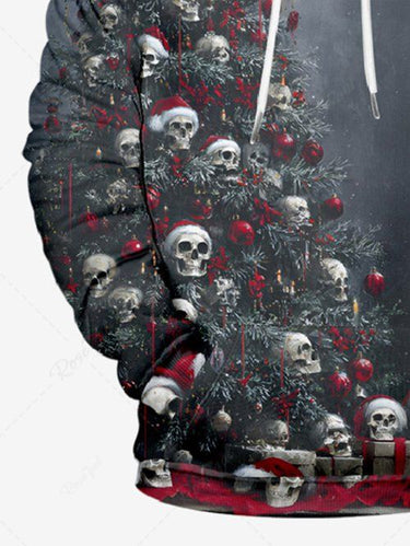Gothic Plus Size Christmas Tree Hat Skull Gift Print Pullover Long Sleeves Hoodie For Men