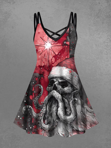 Gothic Plus Size Christmas Hat Skull Octopus Print Crisscross Strappy A Line Cami Dress