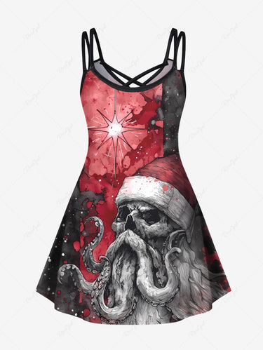 Gothic Plus Size Christmas Hat Skull Octopus Print Crisscross Strappy A Line Cami Dress
