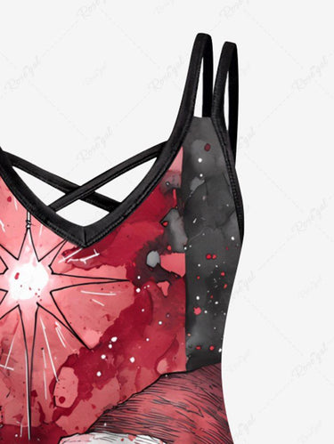 Gothic Plus Size Christmas Hat Skull Octopus Print Crisscross Strappy A Line Cami Dress