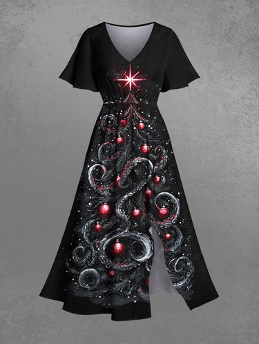 Gothic Plus Size Octopus Christmas Tree Ball Print Split Pocket A Line Midi Dress