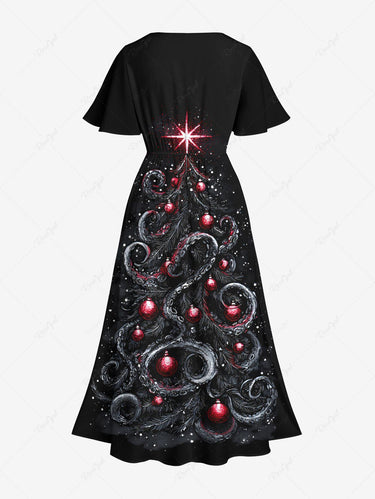 Gothic Plus Size Octopus Christmas Tree Ball Print Split Pocket A Line Midi Dress