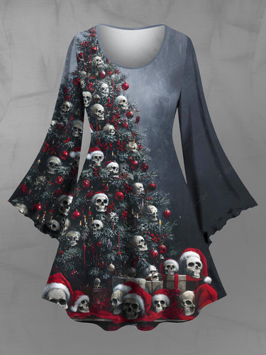Gothic Plus Size Christmas Tree Hat Skull Gift Print A Line Dress