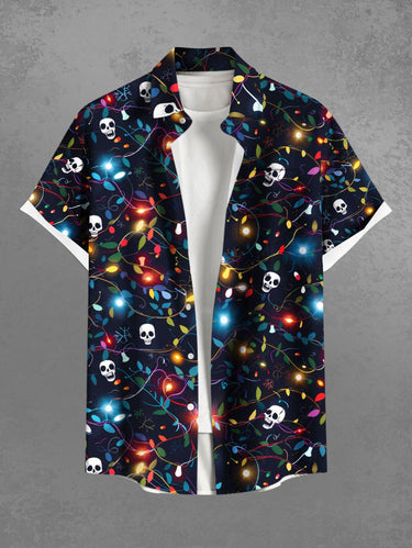 Gothic Plus Size Glitter Christmas Light Skull Print Button Pocket Shirt For Men
