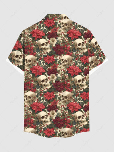 Gothic Plus Size Skull Flower Print Button Pocket Shirt For Men