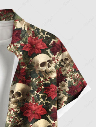 Gothic Plus Size Skull Flower Print Button Pocket Shirt For Men