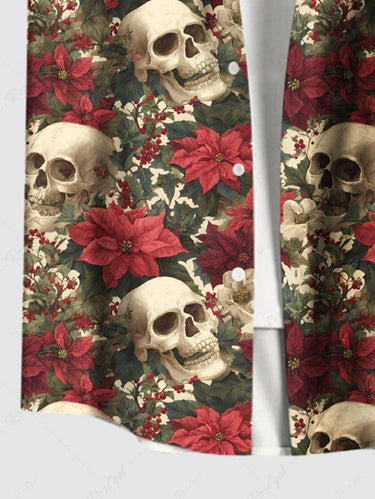 Gothic Plus Size Skull Flower Print Button Pocket Shirt For Men