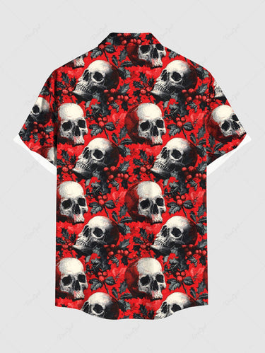 Gothic Plus Size Christmas Holly Leaf Skull Print Button Pocket Shirt For Men