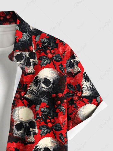 Gothic Plus Size Christmas Holly Leaf Skull Print Button Pocket Shirt For Men