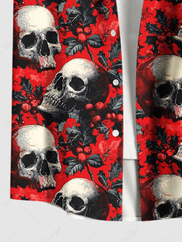 Gothic Plus Size Christmas Holly Leaf Skull Print Button Pocket Shirt For Men