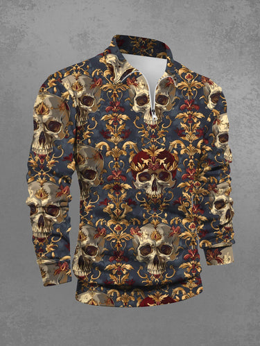Gothic Plus Size Skull Vintage Flower Print Turn-down Collar Zipper Polo Shirt For Men