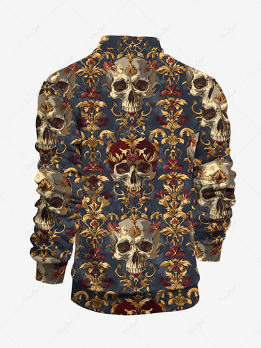 Gothic Plus Size Skull Vintage Flower Print Turn-down Collar Zipper Polo Shirt For Men