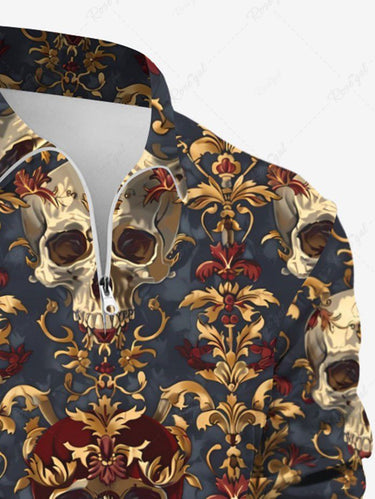 Gothic Plus Size Skull Vintage Flower Print Turn-down Collar Zipper Polo Shirt For Men