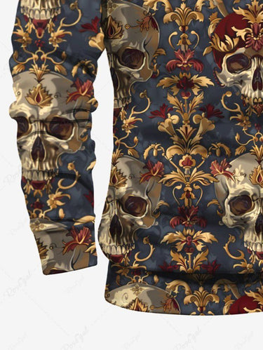 Gothic Plus Size Skull Vintage Flower Print Turn-down Collar Zipper Polo Shirt For Men
