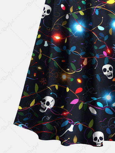Gothic Plus Size Glitter Christmas Light Skull Print Cold Shoulder Crisscross A Line Maxi Dress