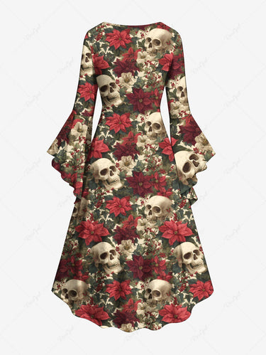 Gothic Plus Size Skull Flower Print Ruched High Low Asymmetric Dress